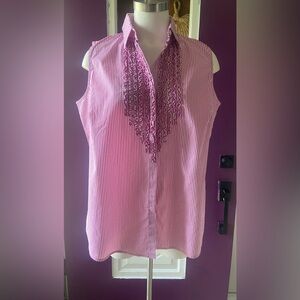 LAUREN RALPH LAUREN  Tuxedo Sleeveless Striped Pink White Button Up Size 16W